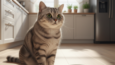 A photorealistic, heartwarming shot of a beautiful silver tabby British Shorthair cat in a bright, modern kitchen