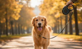 A photorealistic, eye-level shot of a happy Golden Retriever on a crisp autumn afternoon walk in a beautiful city park