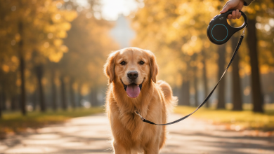 A photorealistic, eye-level shot of a happy Golden Retriever on a crisp autumn afternoon walk in a beautiful city park