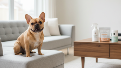 A photorealistic, heartwarming shot of a fawn-colored French Bulldog sitting happily on a light gray modern sofa in a bright, clean living room