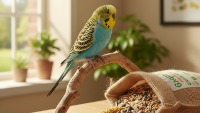 A photorealistic shot of a vibrant, colorful budgerigar perched on a natural wooden branch inside a bright, sunlit room