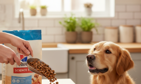 A bright, heartwarming, photorealistic shot of a person's hands carefully scooping Hills Science Plan dog food into a clean, modern bowl