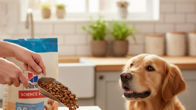 A bright, heartwarming, photorealistic shot of a person's hands carefully scooping Hills Science Plan dog food into a clean, modern bowl