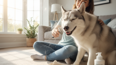 A photorealistic, bright, and heartwarming shot of a Siberian Husky being gently groomed