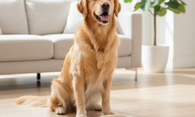 A photorealistic shot of a happy, medium-sized Golden Retriever sitting patiently on a clean, light-colored wooden floor in a brightly lit, modern living room