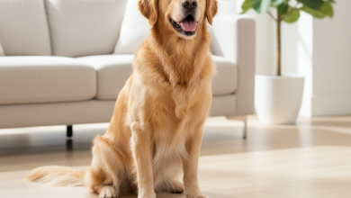 A photorealistic shot of a happy, medium-sized Golden Retriever sitting patiently on a clean, light-colored wooden floor in a brightly lit, modern living room