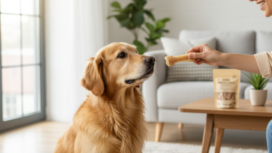 A heartwarming, photorealistic shot of a smiling person giving a natural rawhide chew treat to an eager Golden Retriever