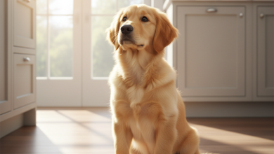 A stunning, photorealistic shot of a healthy and happy Golden Retriever puppy sitting attentively in a bright, modern kitchen