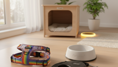 A photorealistic, warm, and inviting shot of a beautifully organized collection of high-quality dog accessories against a modern, minimalist home backdrop