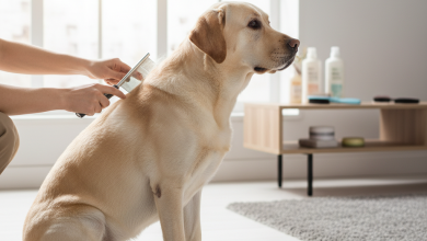 A photorealistic, heartwarming shot of a beautiful yellow Labrador Retriever sitting patiently on a light-colored wooden floor in a brightly lit, modern living room