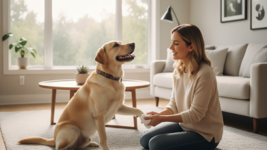 A photorealistic, heartwarming shot of a beautiful, happy golden Labrador retriever sitting on a light gray rug in a bright, modern living room