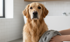 A photorealistic, heartwarming shot of a beautiful, well-groomed Golden Retriever after a bath
