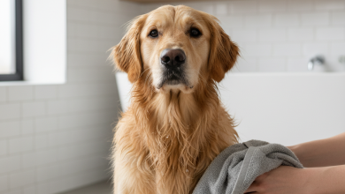 A photorealistic, heartwarming shot of a beautiful, well-groomed Golden Retriever after a bath