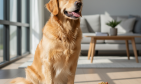 A photorealistic, heartwarming shot of a healthy, happy Golden Retriever sitting patiently on a clean wooden floor in a bright, modern living room