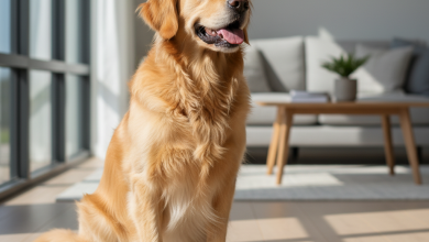 A photorealistic, heartwarming shot of a healthy, happy Golden Retriever sitting patiently on a clean wooden floor in a bright, modern living room