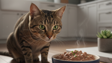 A photorealistic shot of a healthy adult European Shorthair cat with a glossy tabby coat, poised with anticipation before a ceramic bowl