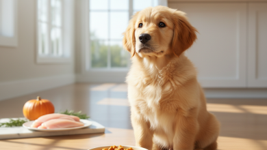 A photorealistic, heartwarming shot of a fluffy Golden Retriever puppy sitting on a clean, light-colored wooden floor in a modern kitchen