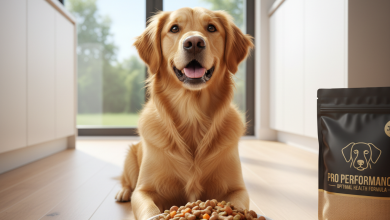A photorealistic, high-resolution shot of a happy and healthy Golden Retriever sitting attentively on a clean, light-colored wooden floor in a brightly lit, modern kitchen