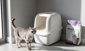 A photorealistic image of a serene and impeccably clean corner of a modern home, perhaps a bathroom or utility room, dedicated to cat care