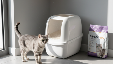 A photorealistic image of a serene and impeccably clean corner of a modern home, perhaps a bathroom or utility room, dedicated to cat care