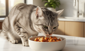 A sophisticated silver tabby cat is delicately eating from a stylish, minimalist ceramic bowl placed on a clean, white marble countertop