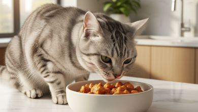 A sophisticated silver tabby cat is delicately eating from a stylish, minimalist ceramic bowl placed on a clean, white marble countertop