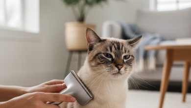 A photorealistic, elegant shot of a stunning Seal Point Siamese cat being gently groomed by its owner in a bright, modern living room