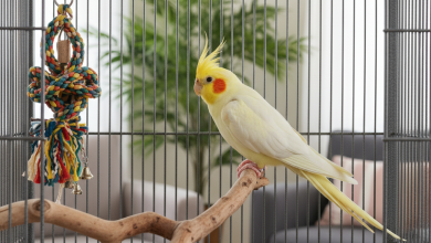 A beautiful, healthy cockatiel with a bright yellow crest and orange cheek patches is perched contentedly inside a spacious, modern bird cage