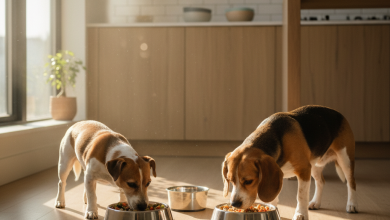 A photorealistic shot of two happy, healthy adult dogs, one small breed like a Jack Russell Terrier and one medium breed like a Beagle, eating from their respective bowls in a bright, modern kitchen