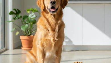 A photorealistic, heartwarming shot of a healthy adult Golden Retriever sitting attentively on a clean, light-colored floor in a modern, sunlit kitchen
