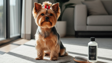 A photorealistic, high-resolution shot of a perfectly groomed Yorkshire Terrier sitting proudly on a plush, light grey rug in a brightly lit, modern living room