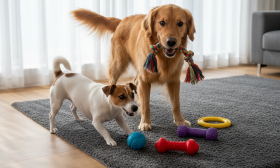 A photorealistic and heartwarming scene capturing a golden retriever and a smaller jack russell terrier playing together in a modern, sun-drenched living room