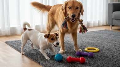 A photorealistic and heartwarming scene capturing a golden retriever and a smaller jack russell terrier playing together in a modern, sun-drenched living room