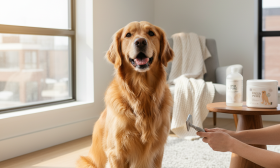 A photorealistic shot of a happy Golden Retriever sitting patiently on a soft, light-gray rug in a brightly lit, modern living room