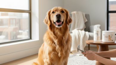 A photorealistic shot of a happy Golden Retriever sitting patiently on a soft, light-gray rug in a brightly lit, modern living room