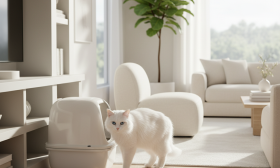 A photorealistic, bright, and clean interior shot of a luxurious living room with soft, natural morning light