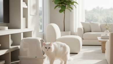 A photorealistic, bright, and clean interior shot of a luxurious living room with soft, natural morning light