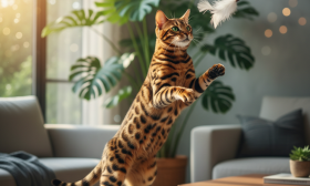 A photorealistic, high-resolution shot of a magnificent Bengal cat in a brightly lit, modern living room