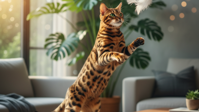 A photorealistic, high-resolution shot of a magnificent Bengal cat in a brightly lit, modern living room