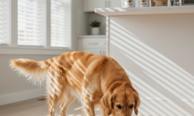 A healthy, happy medium-sized dog like a Golden Retriever drinking water from a clean bowl in a bright, modern kitchen