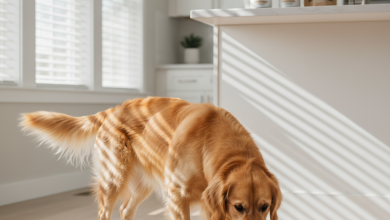 A healthy, happy medium-sized dog like a Golden Retriever drinking water from a clean bowl in a bright, modern kitchen