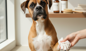 A close-up, photorealistic shot of a happy fawn-colored Boxer dog sitting patiently on a light-colored floor in a bright, modern home