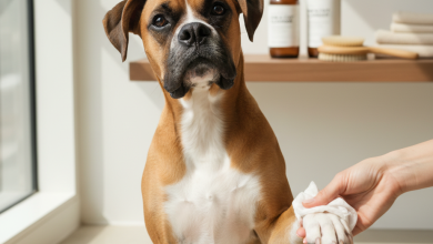 A close-up, photorealistic shot of a happy fawn-colored Boxer dog sitting patiently on a light-colored floor in a bright, modern home