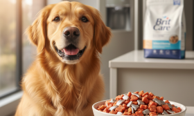 A stunning, photorealistic shot of a vibrant Golden Retriever with a glossy coat, sitting attentively next to a sleek, white ceramic bowl filled with salmon and herring kibble
