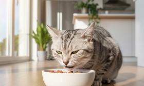 A stunning, photorealistic shot of a healthy domestic cat with a glossy silver tabby coat, eagerly eating from a clean, ceramic bowl