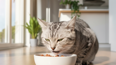 A stunning, photorealistic shot of a healthy domestic cat with a glossy silver tabby coat, eagerly eating from a clean, ceramic bowl