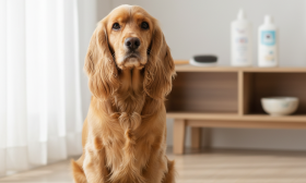 A photorealistic, heartwarming image of a well-groomed golden Cocker Spaniel sitting patiently on a light-colored, clean wooden floor