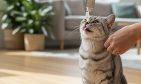 A photorealistic, heartwarming scene captured in a bright, modern living room with soft, natural light