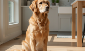A photorealistic, heartwarming shot of a healthy adult Golden Retriever sitting patiently in a bright, modern kitchen