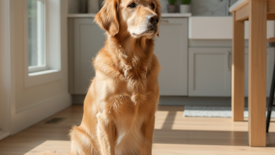 A photorealistic, heartwarming shot of a healthy adult Golden Retriever sitting patiently in a bright, modern kitchen